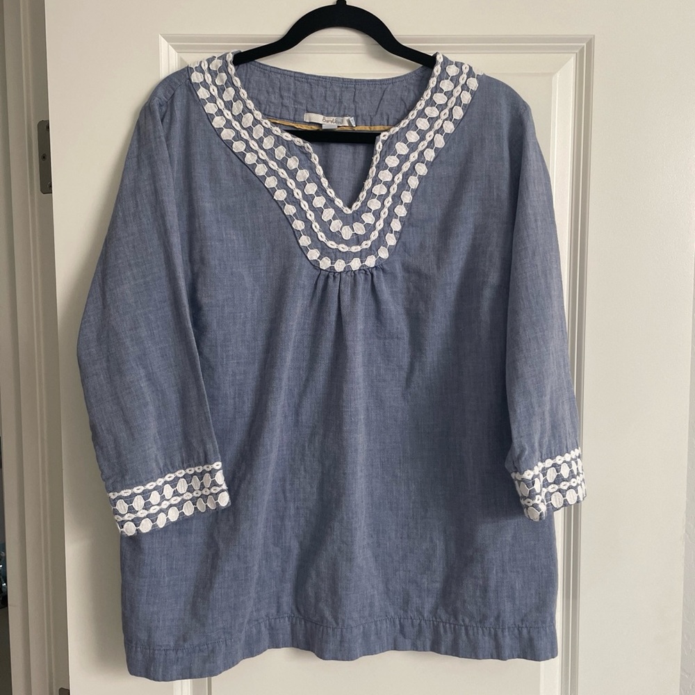 Boden Womens Long Island Popover Tunic Blue Embroidered V-Neck 3/4 Sleeve